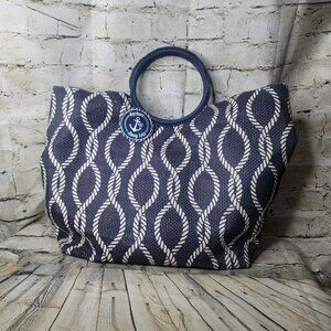 Anchors Away Blue White Woven  Nautical Beach  Cruise Snap Close Tote Bag
